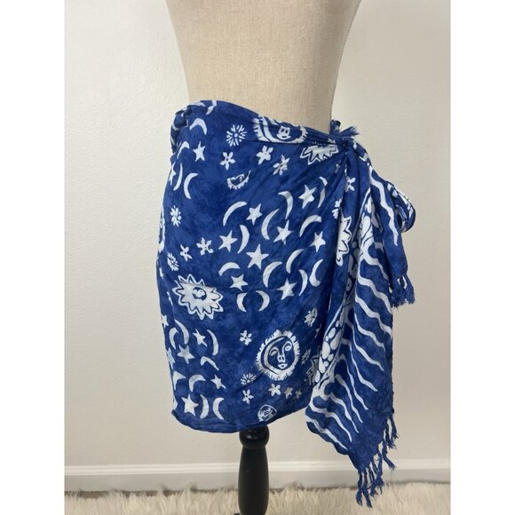 Vintage 90s Celestial Sun & Moon Blue Swim Cover Up Sarong 19”x 62”Fringe Hawaii - Picture 2 of 10